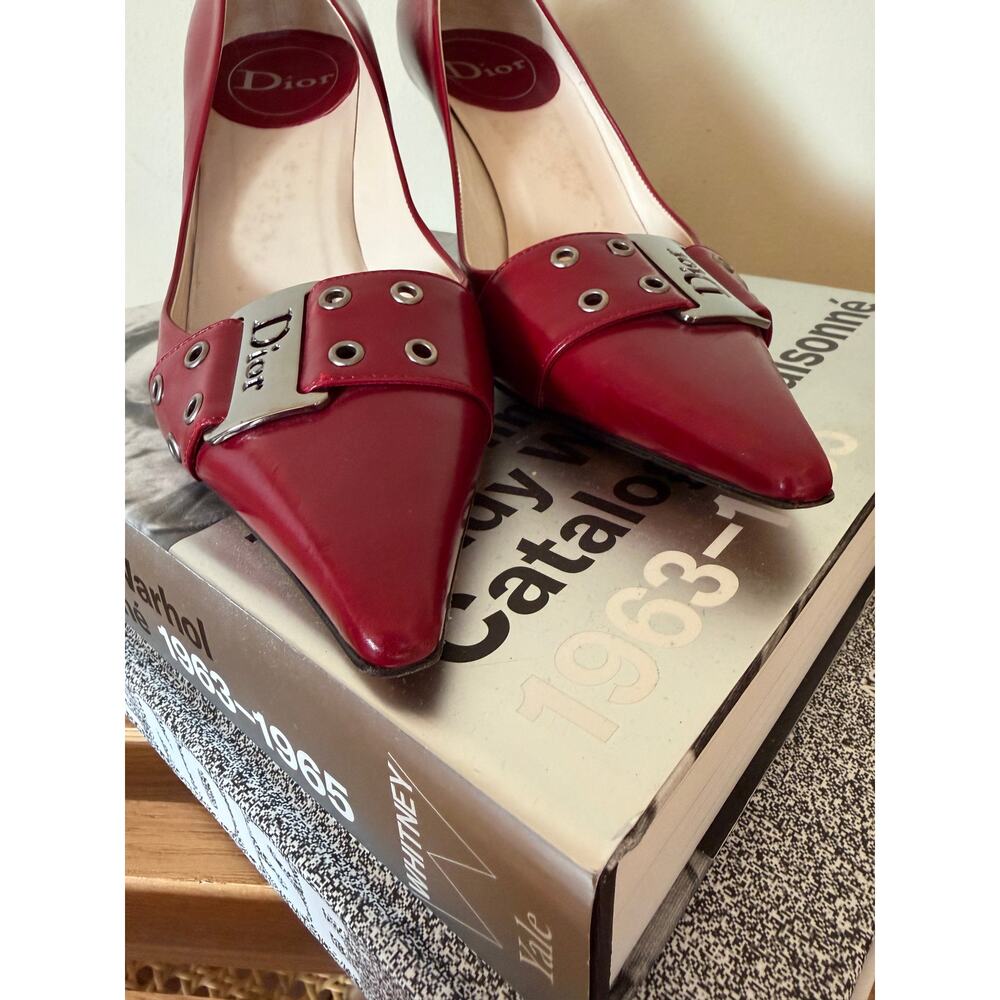 Vintage Christian Dior Red Leather Logo Buckle Pumps 38.5 - Picture 7 of 9